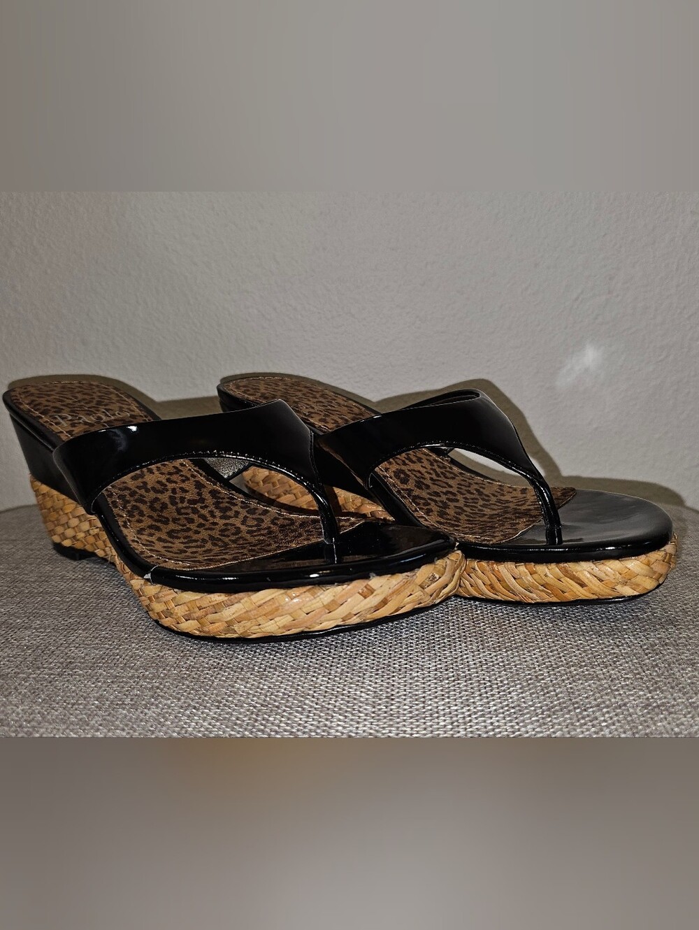 Black Patent Espadrille Wedge Sandals with Leopard Insole
